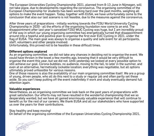 EUROPEAN UNIVERSITIES CYCLING CHAMPIONSHIP 2021 WILL NOT TAKE PLACE